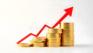 billetes y monedas con grafico ascendente financiero