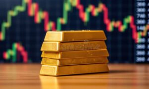 lingotes de oro con graficos financieros