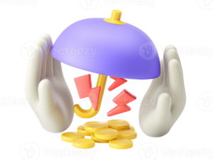 manos protegiendo monedas bajo paraguas transparente