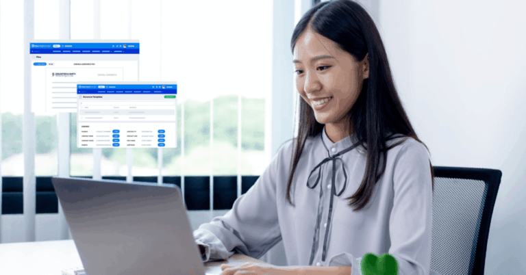 persona usando laptop con documento oficial